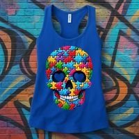 Autism Puzzle Skull Artistic Autism Awareness Support Gift Women's Tank Top thumb 3
