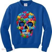 Autism Puzzle Skull Artistic Autism Awareness Support Gift Kids Sweatshirt thumb 0