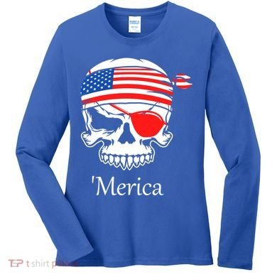 America Pirate Skull Flag July 4th Independence Day Merica Gift Women's Long Sleeve Shirt