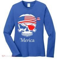 America Pirate Skull Flag July 4th Independence Day Merica Gift Women's Long Sleeve Shirt thumb 0