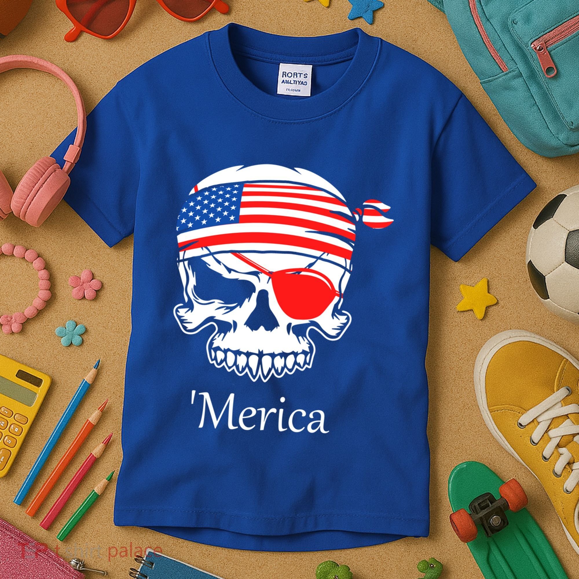America Pirate Skull Flag July 4th Independence Day Merica Gift Kids T-Shirt