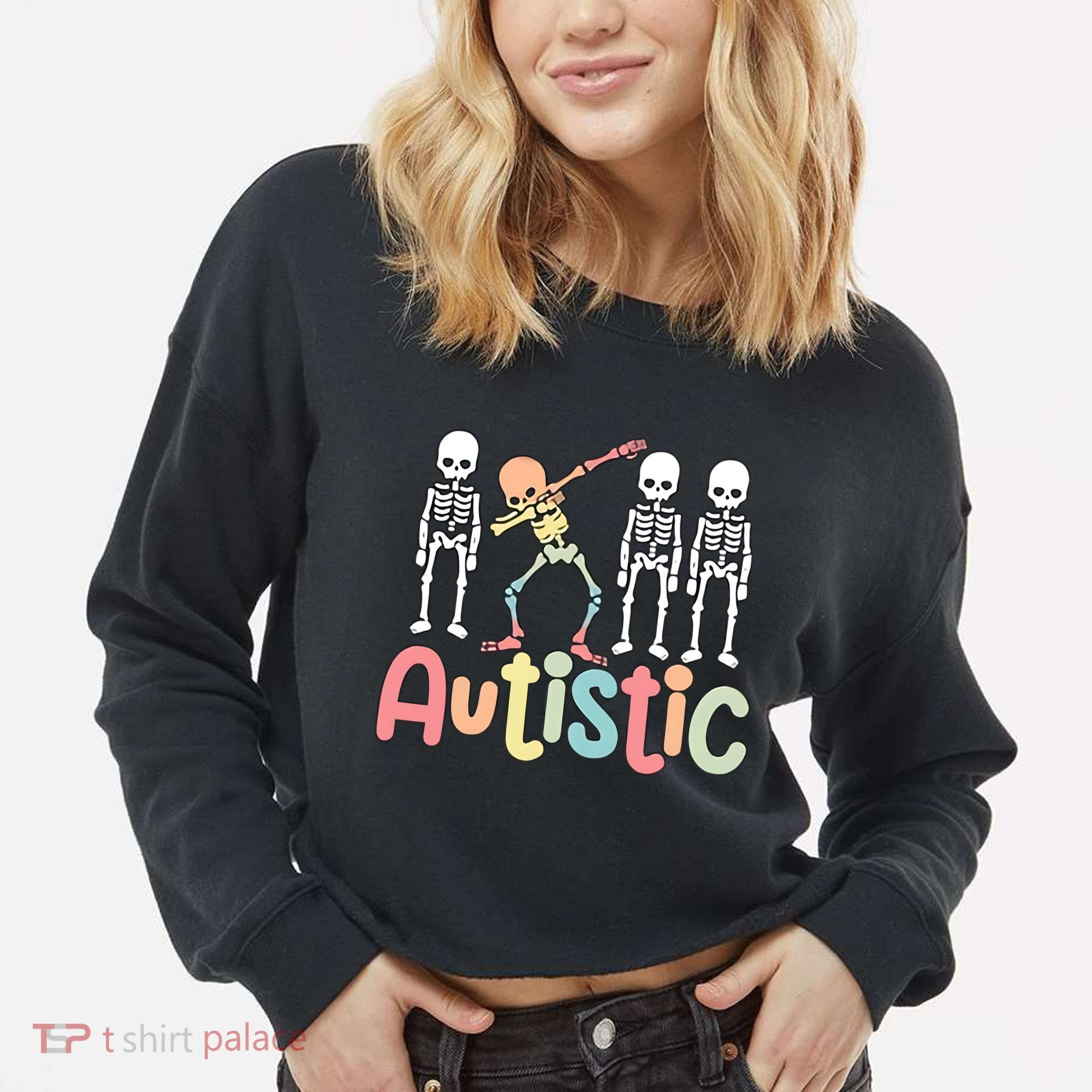 Autistic Pride Skeleton Neurodiversity Autism Proud Autism Awareness Cropped Pullover Crew