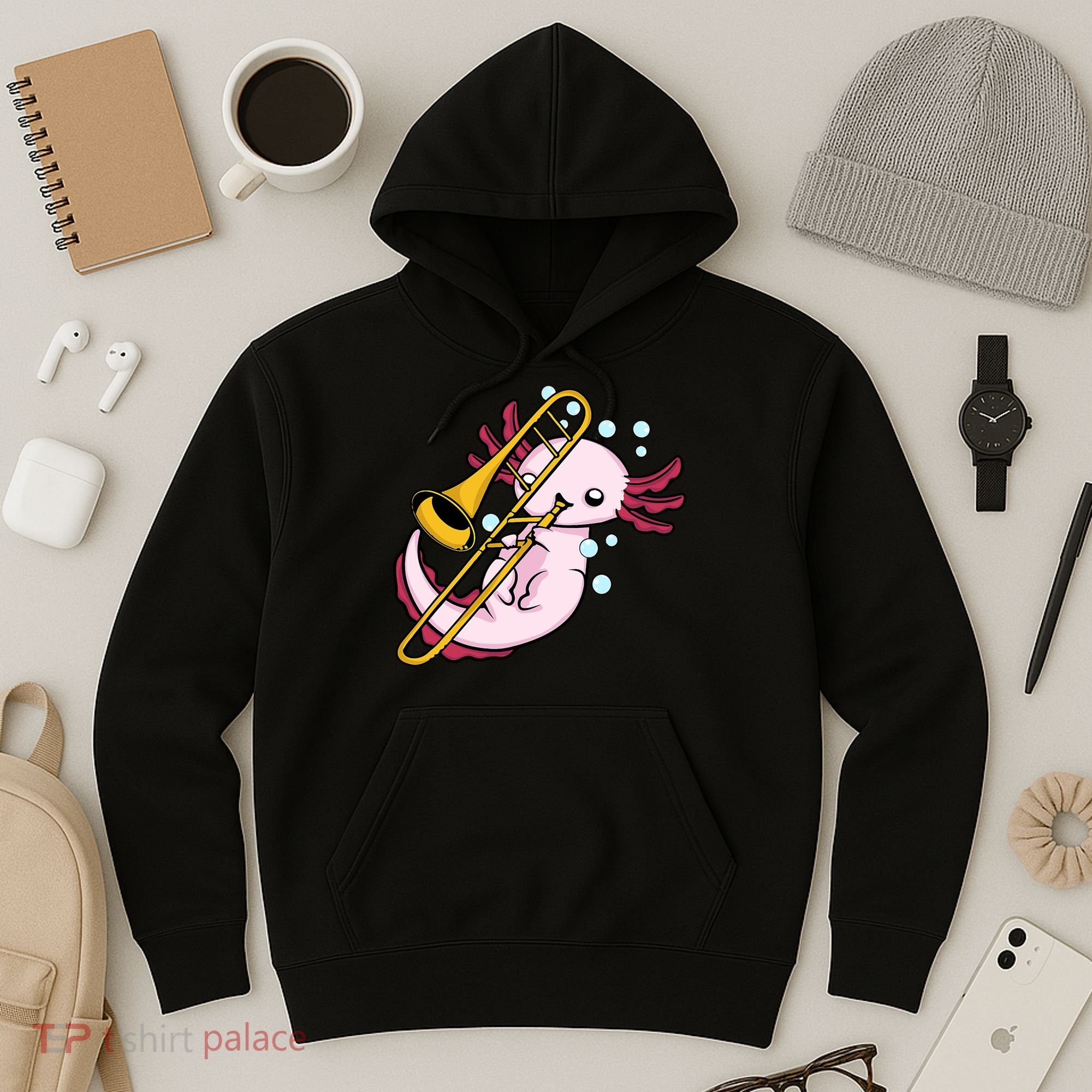 Axolotl Playing Trombone  Marching Band Trombone Hoodie