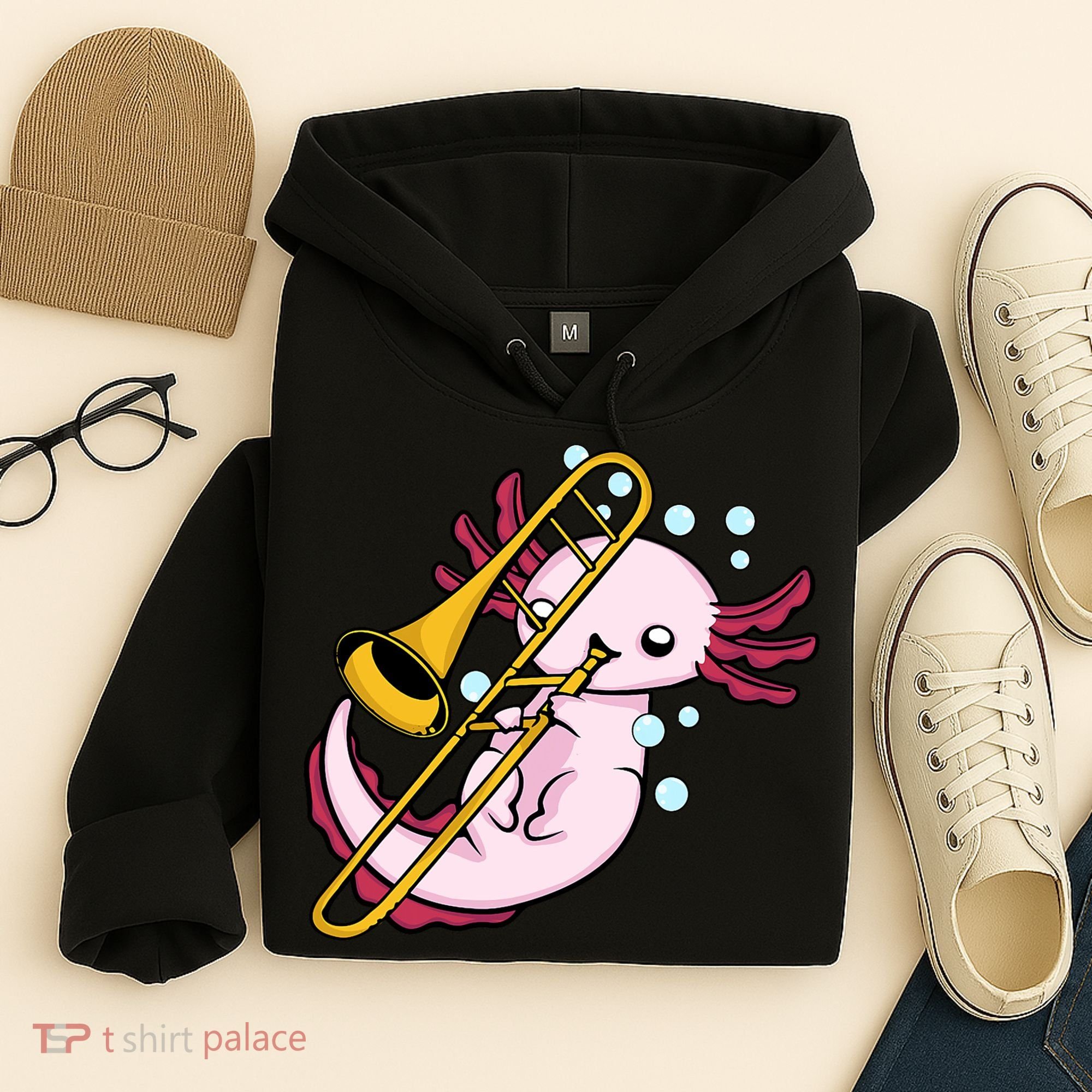 Axolotl Playing Trombone  Marching Band Trombone Hoodie
