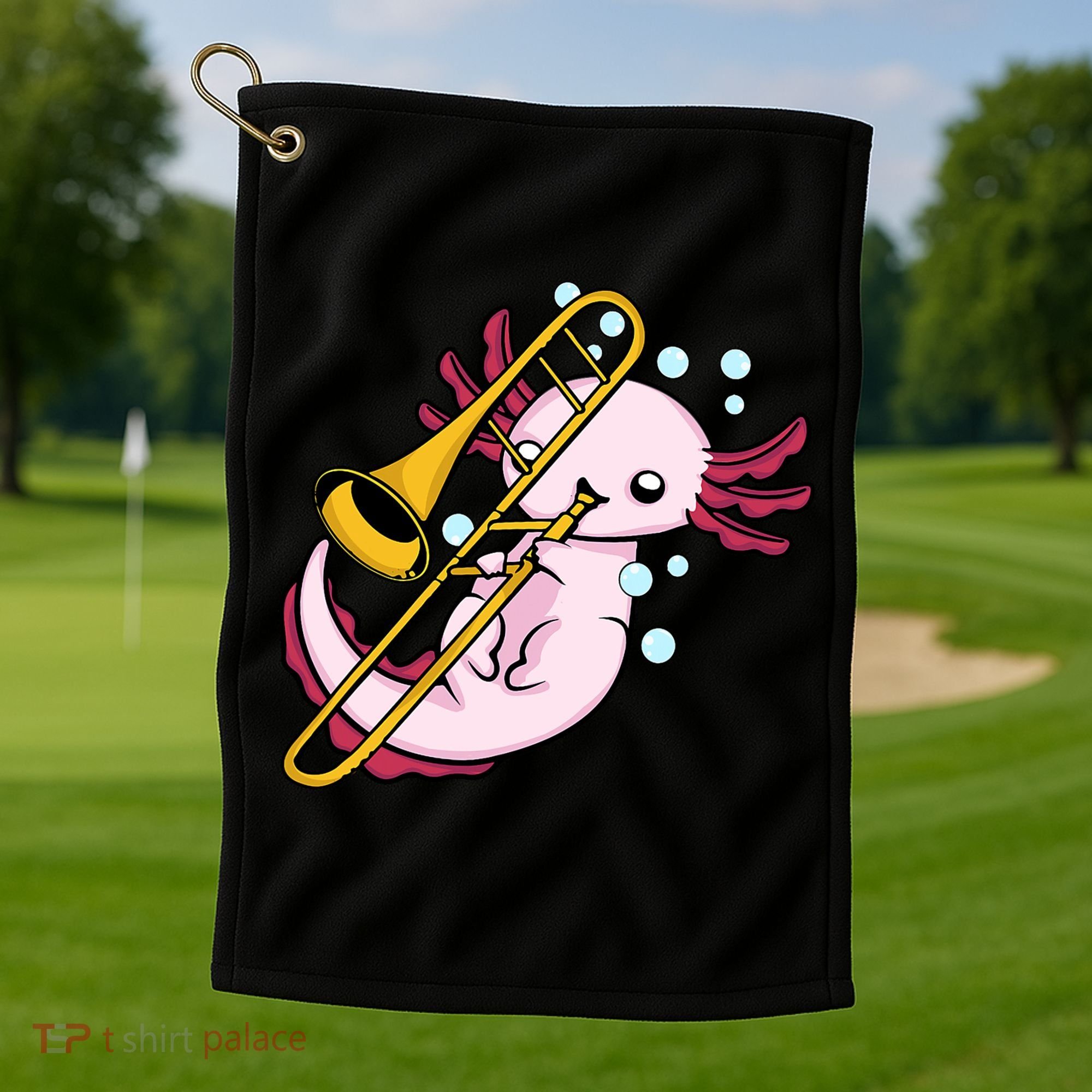 Axolotl Playing Trombone  Marching Band Trombone Golf Towel