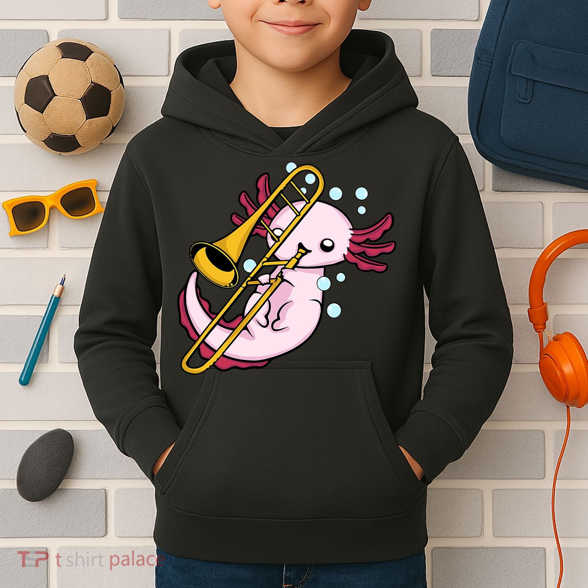 Axolotl Playing Trombone  Marching Band Trombone Kids Hoodie
