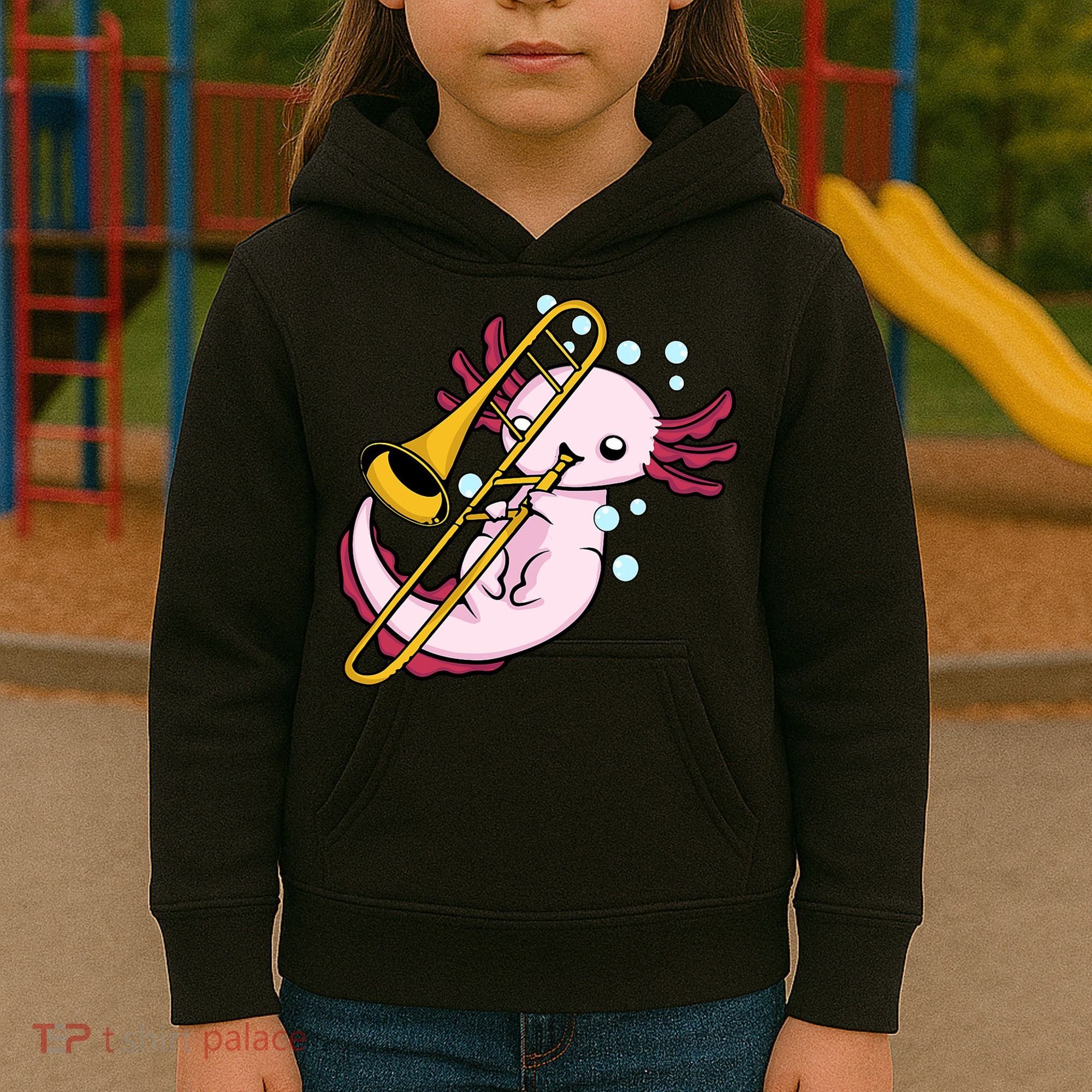 Axolotl Playing Trombone  Marching Band Trombone Kids Hoodie