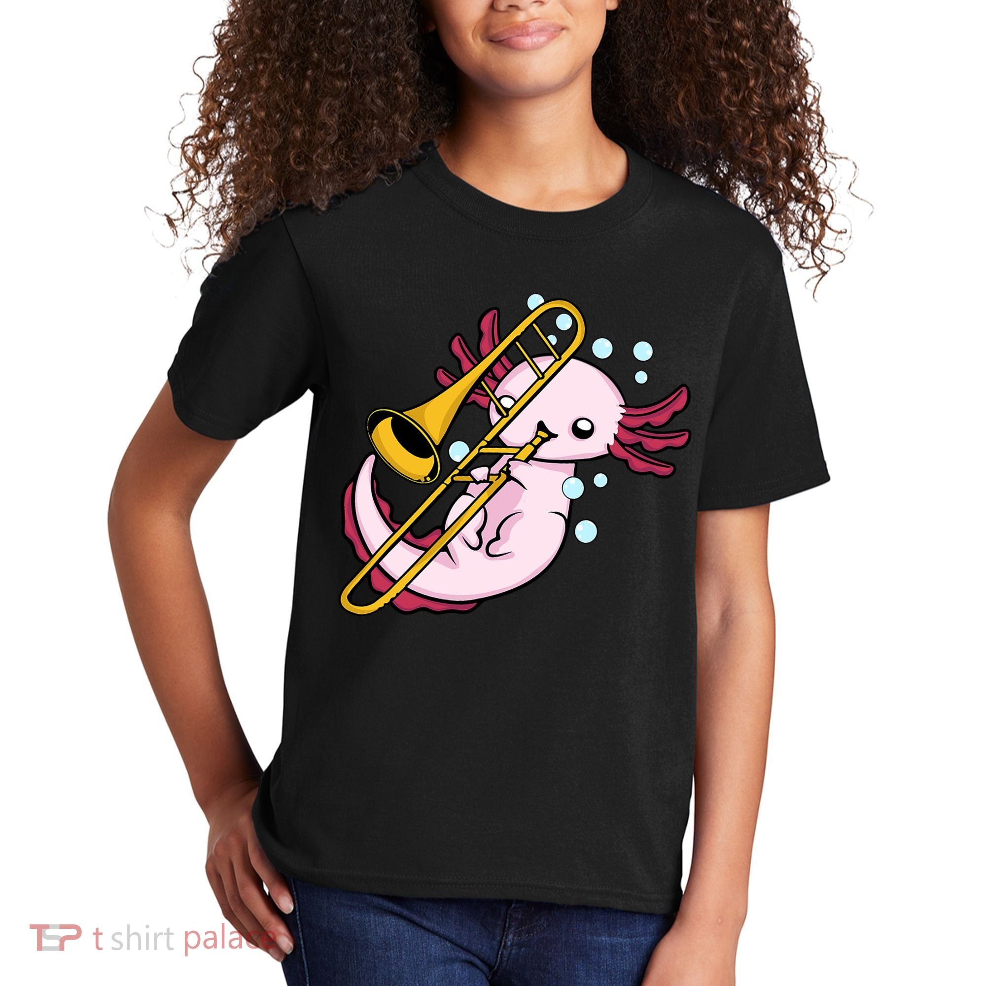 Axolotl Playing Trombone  Marching Band Trombone Kids T-Shirt