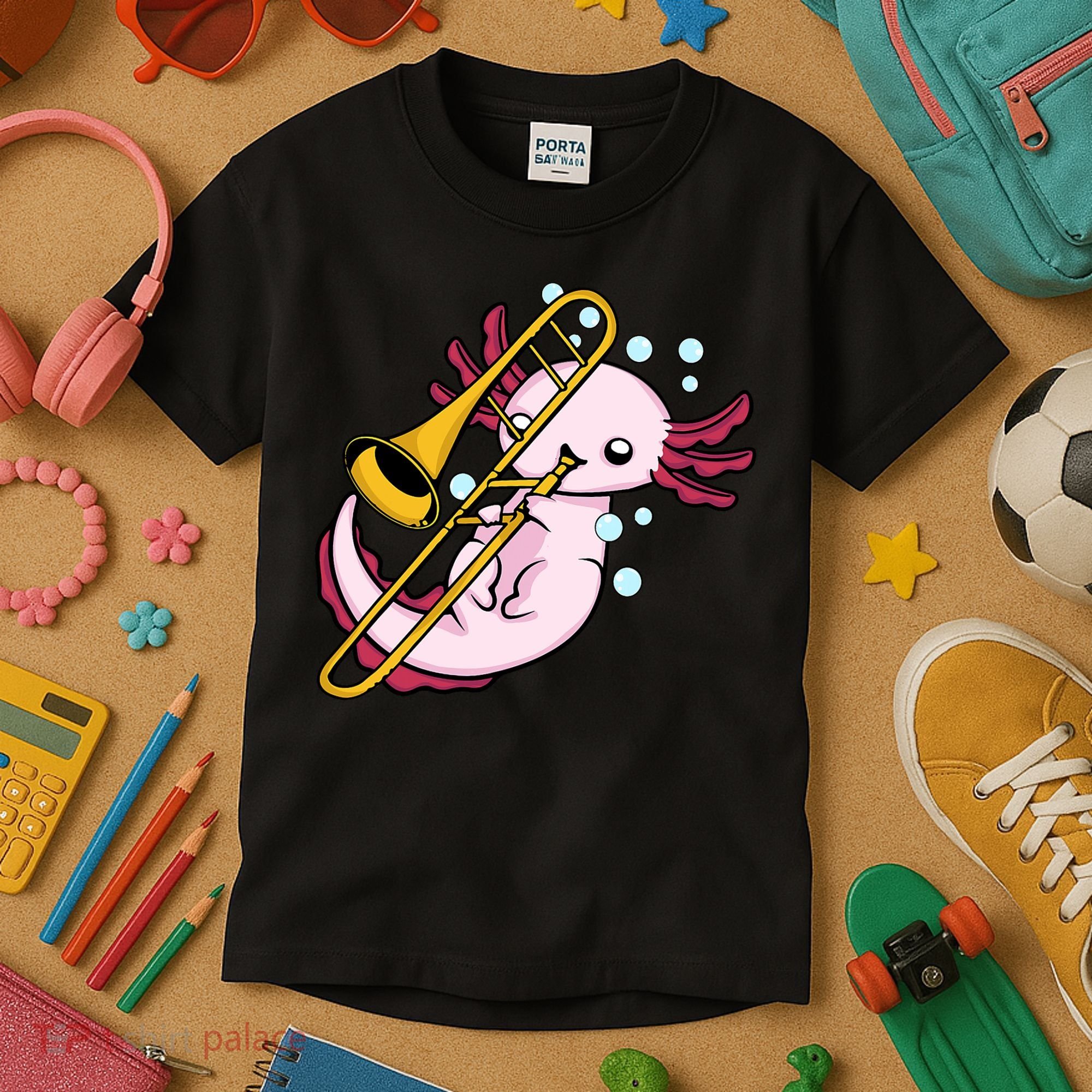 Axolotl Playing Trombone  Marching Band Trombone Kids T-Shirt