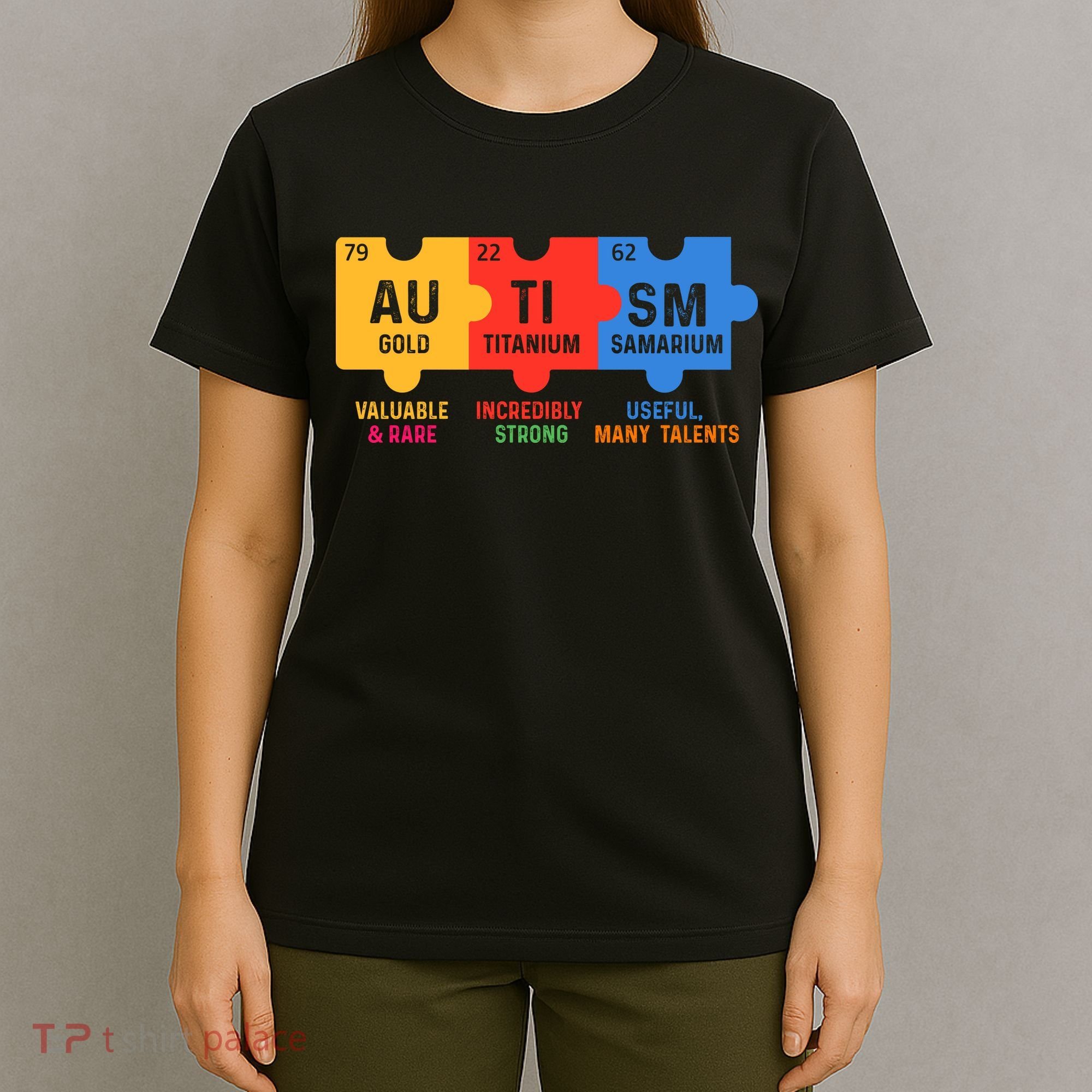 Autism Periodic Table Elements Gold Titanium Samarium Autism Awareness T-Shirt
