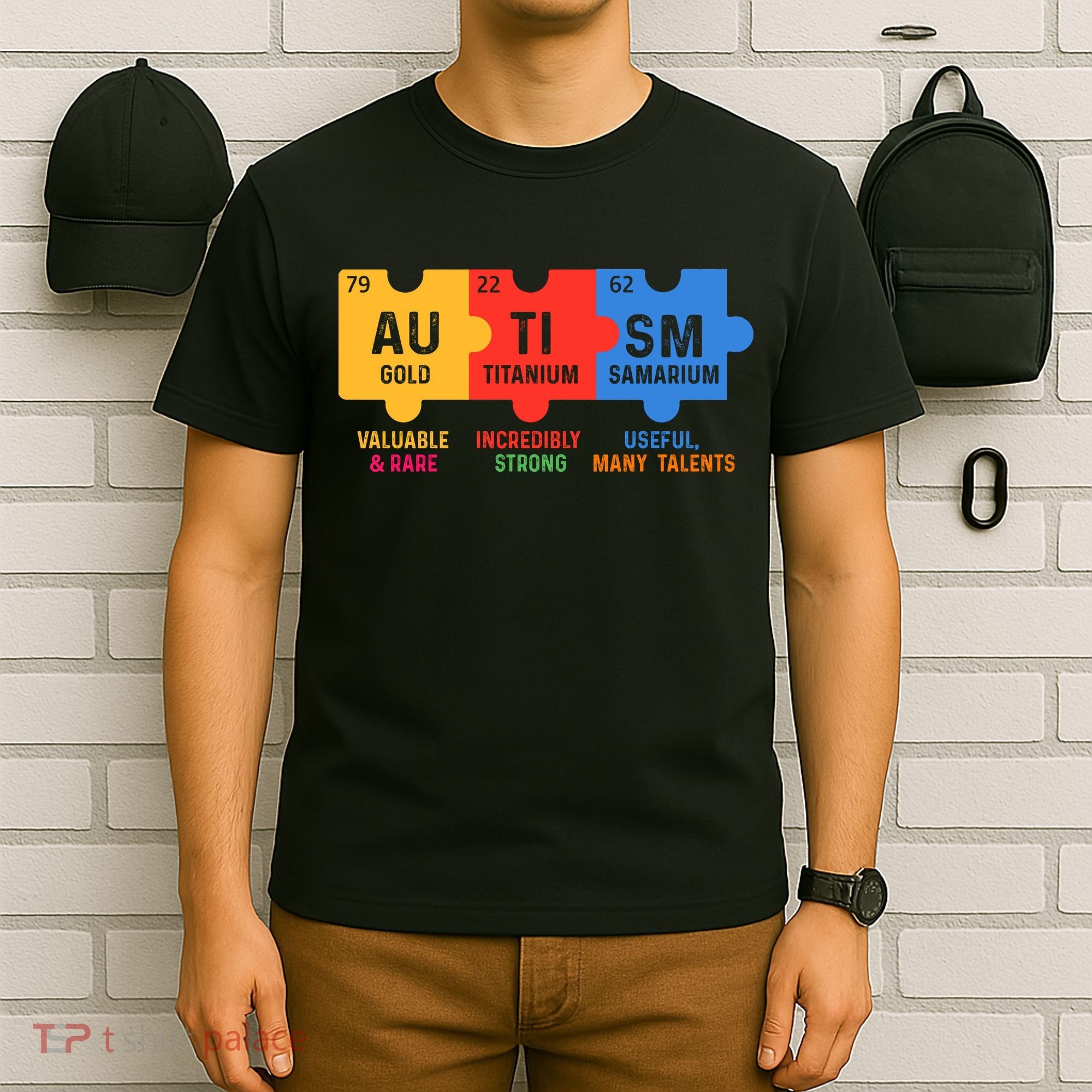 Autism Periodic Table Elements Gold Titanium Samarium Autism Awareness T-Shirt