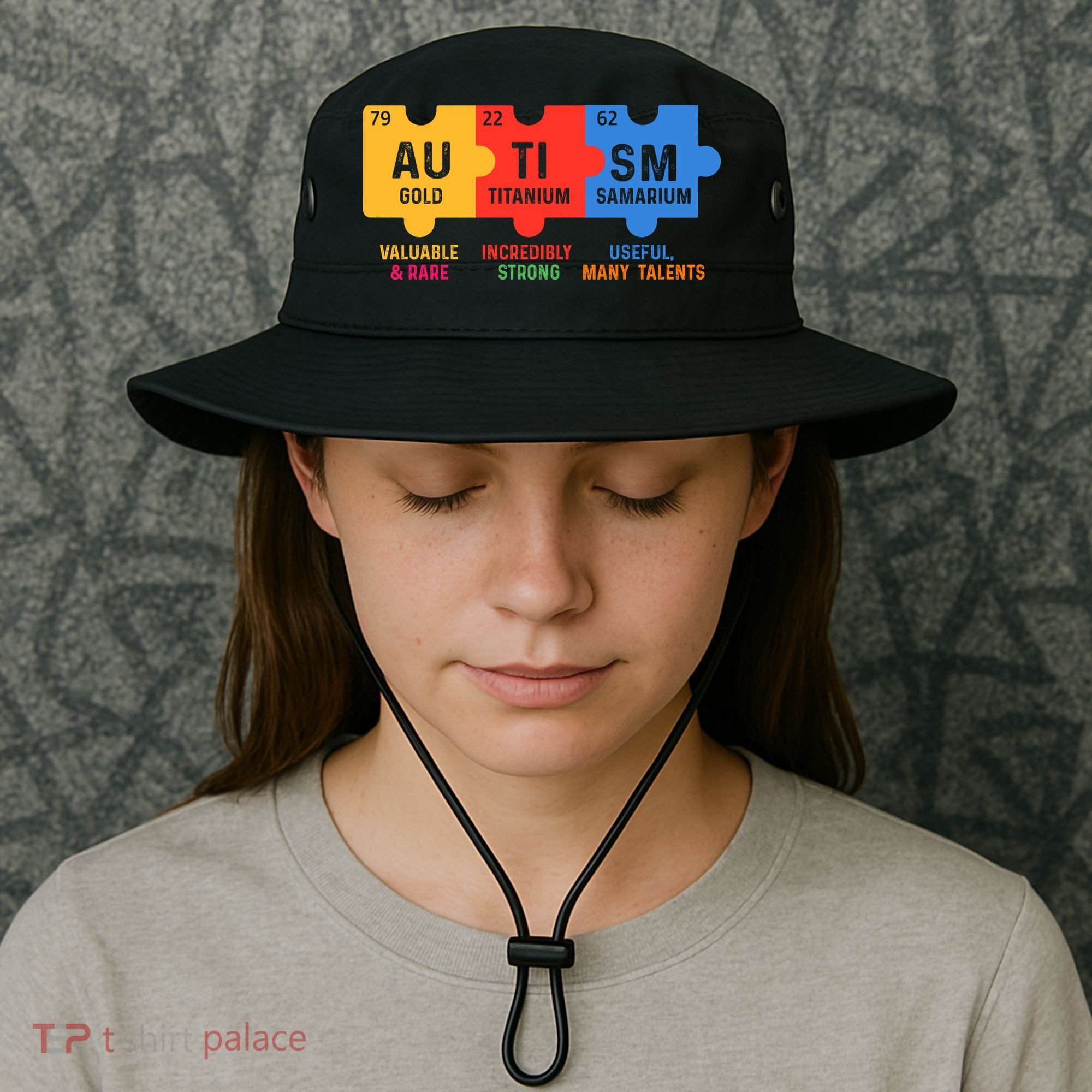 Autism Periodic Table Elements Gold Titanium Samarium Autism Awareness Bucket Hat