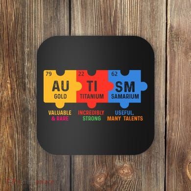 Autism Periodic Table Elements Gold Titanium Samarium Autism Awareness Coaster