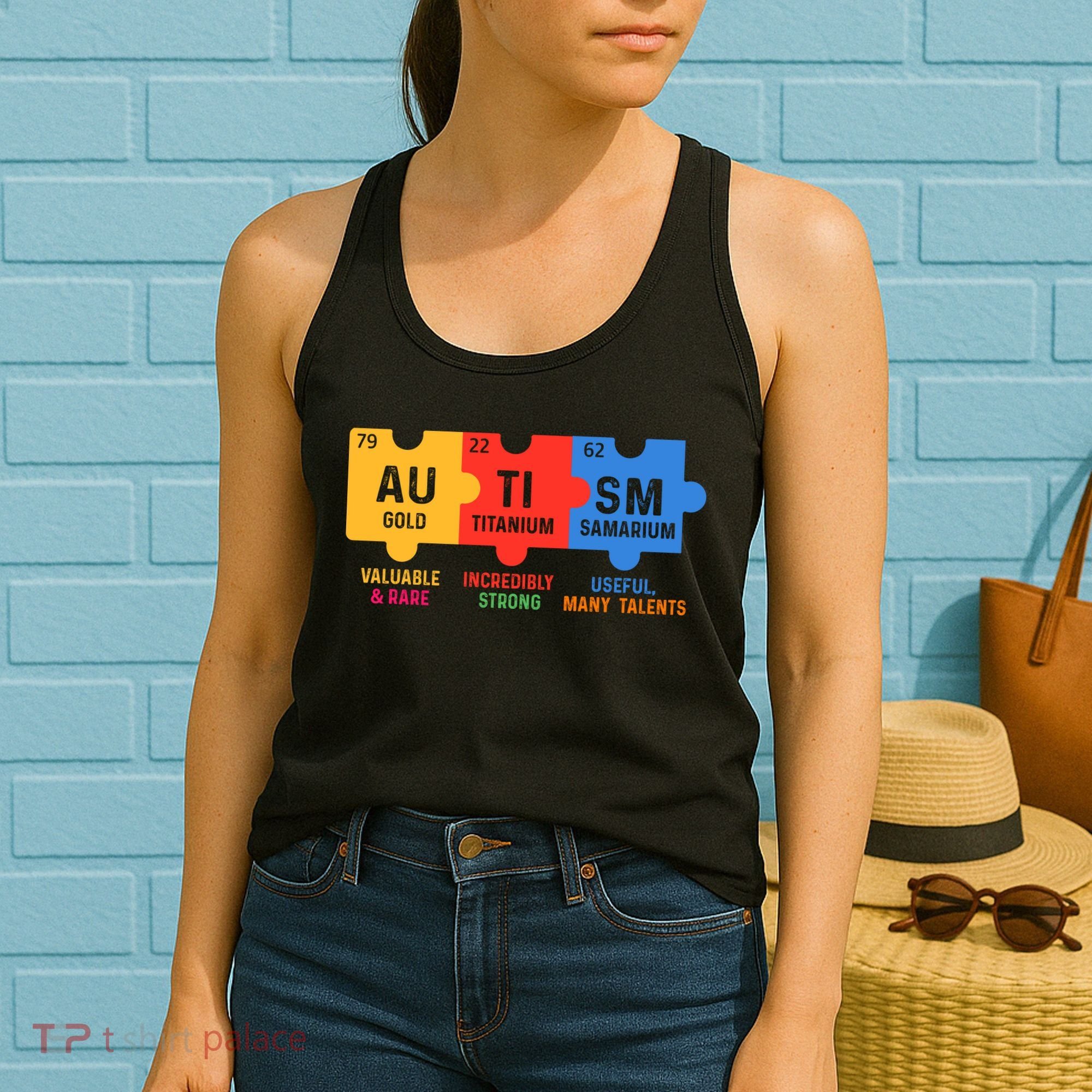 Autism Periodic Table Elements Gold Titanium Samarium Autism Awareness Women's Tank Top