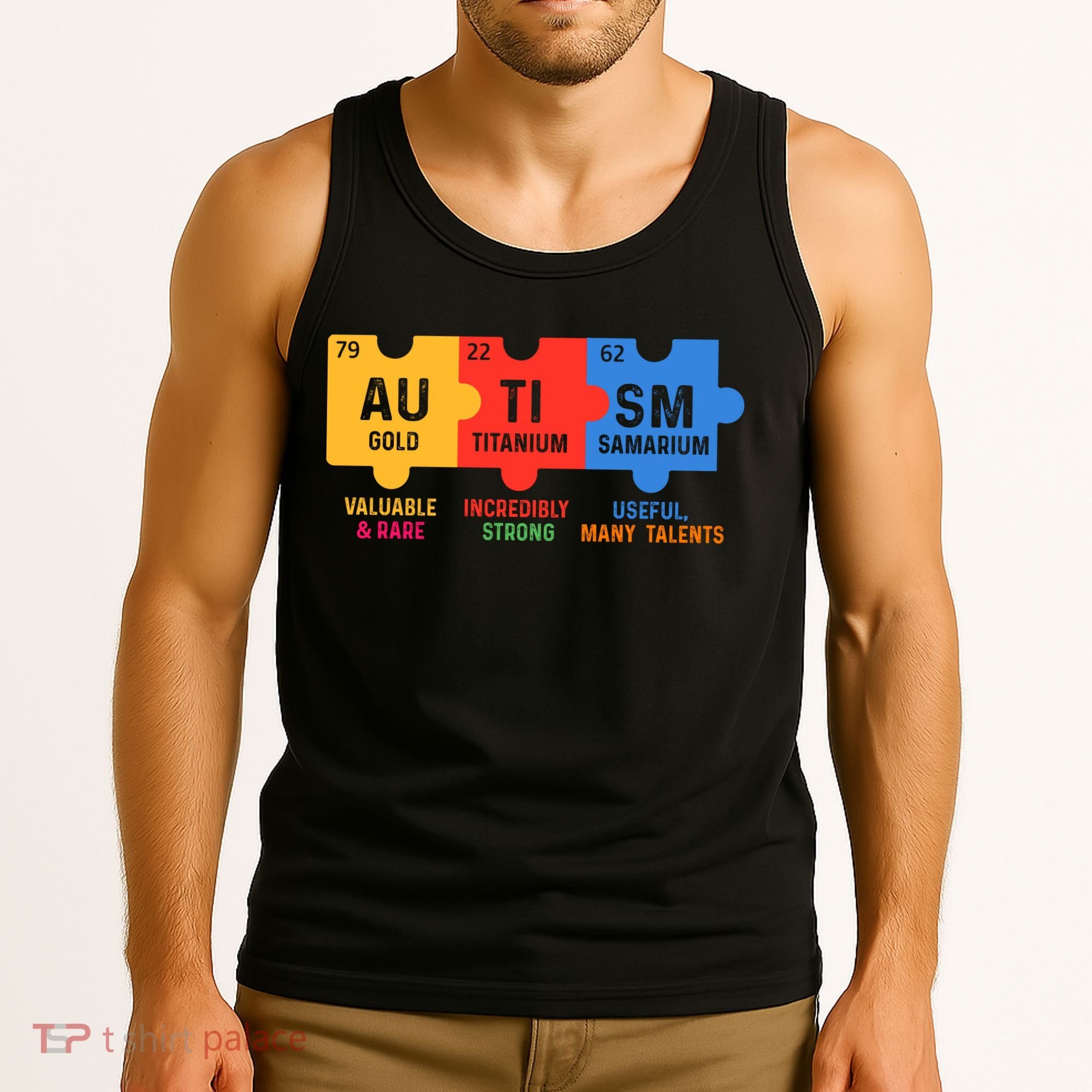 Autism Periodic Table Elements Gold Titanium Samarium Autism Awareness Tank Top