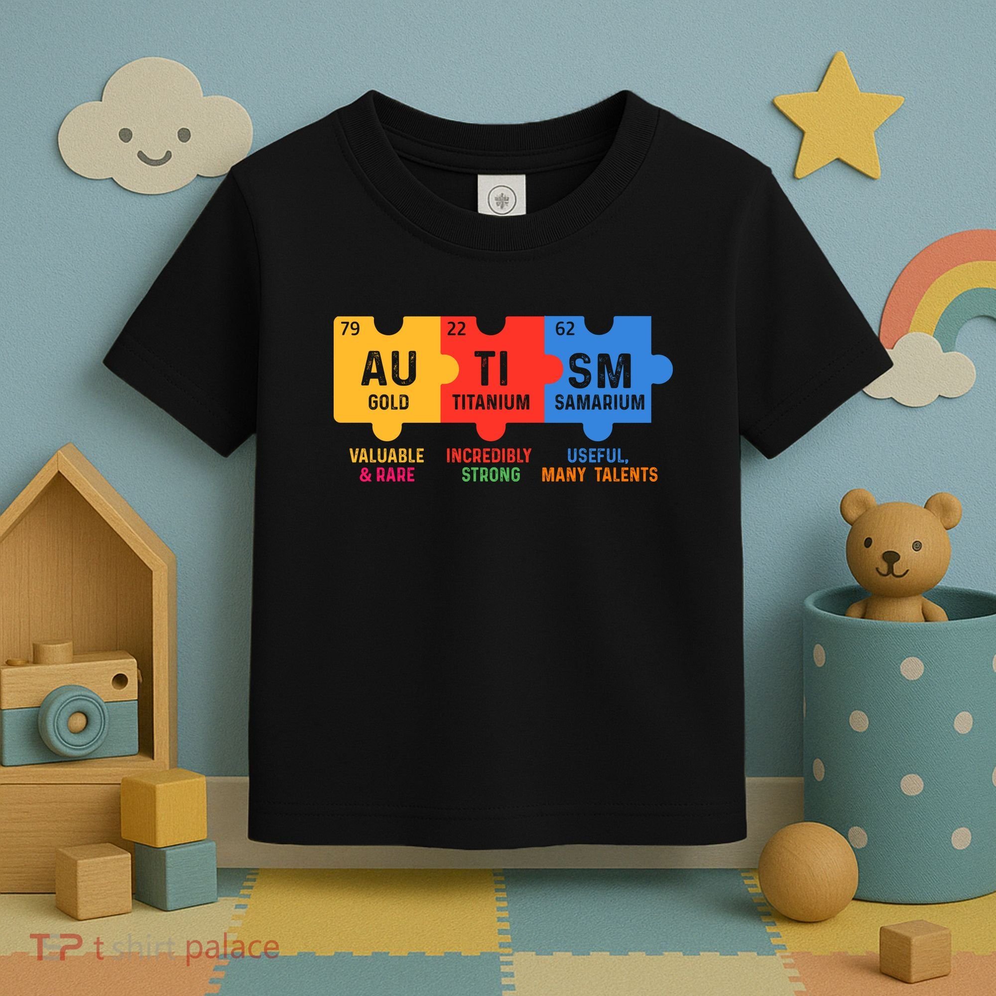 Autism Periodic Table Elements Gold Titanium Samarium Autism Awareness Toddler T-Shirt