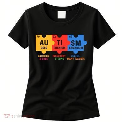 Autism Periodic Table Elements Gold Titanium Samarium Autism Awareness Women's T-Shirt