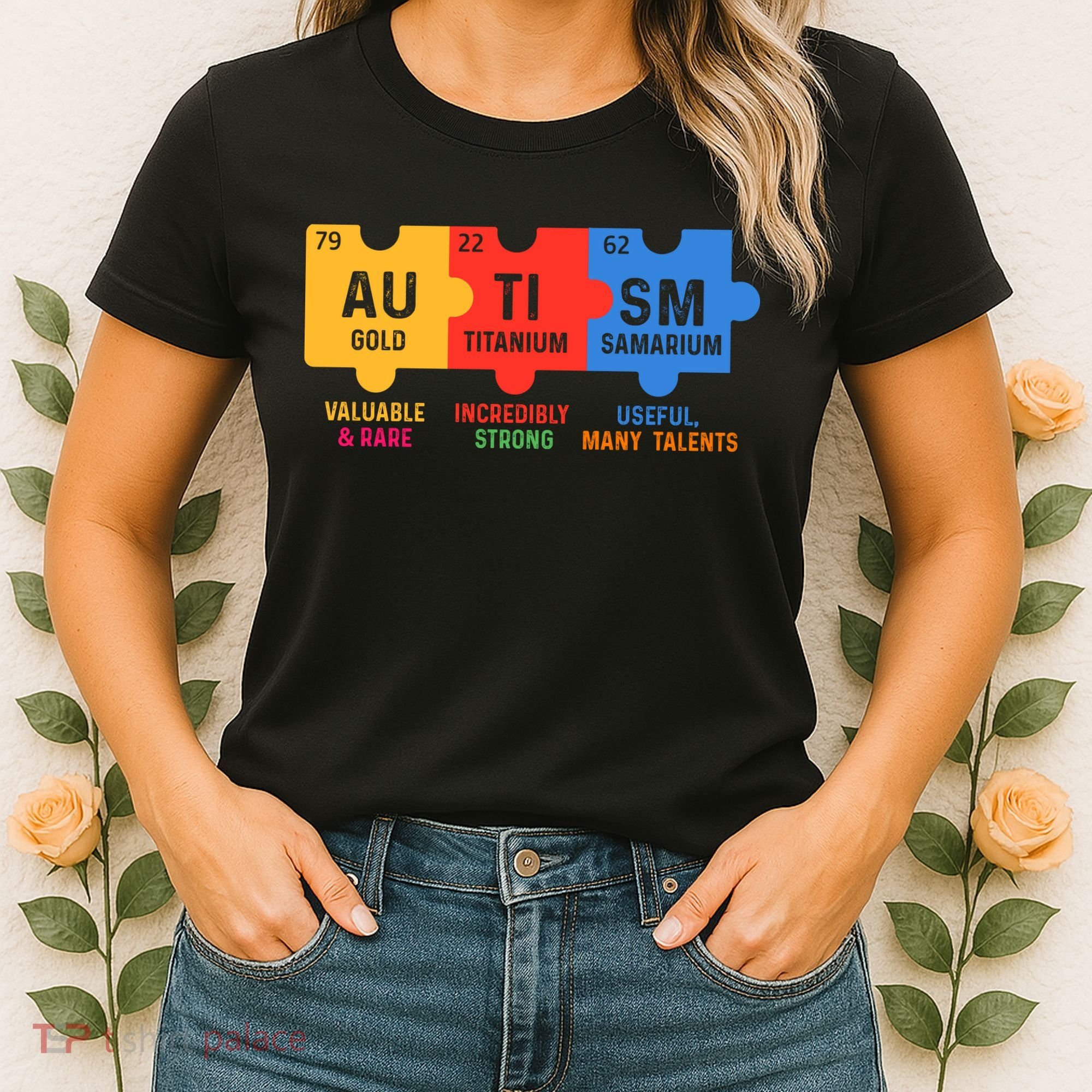 Autism Periodic Table Elements Gold Titanium Samarium Autism Awareness Women's T-Shirt