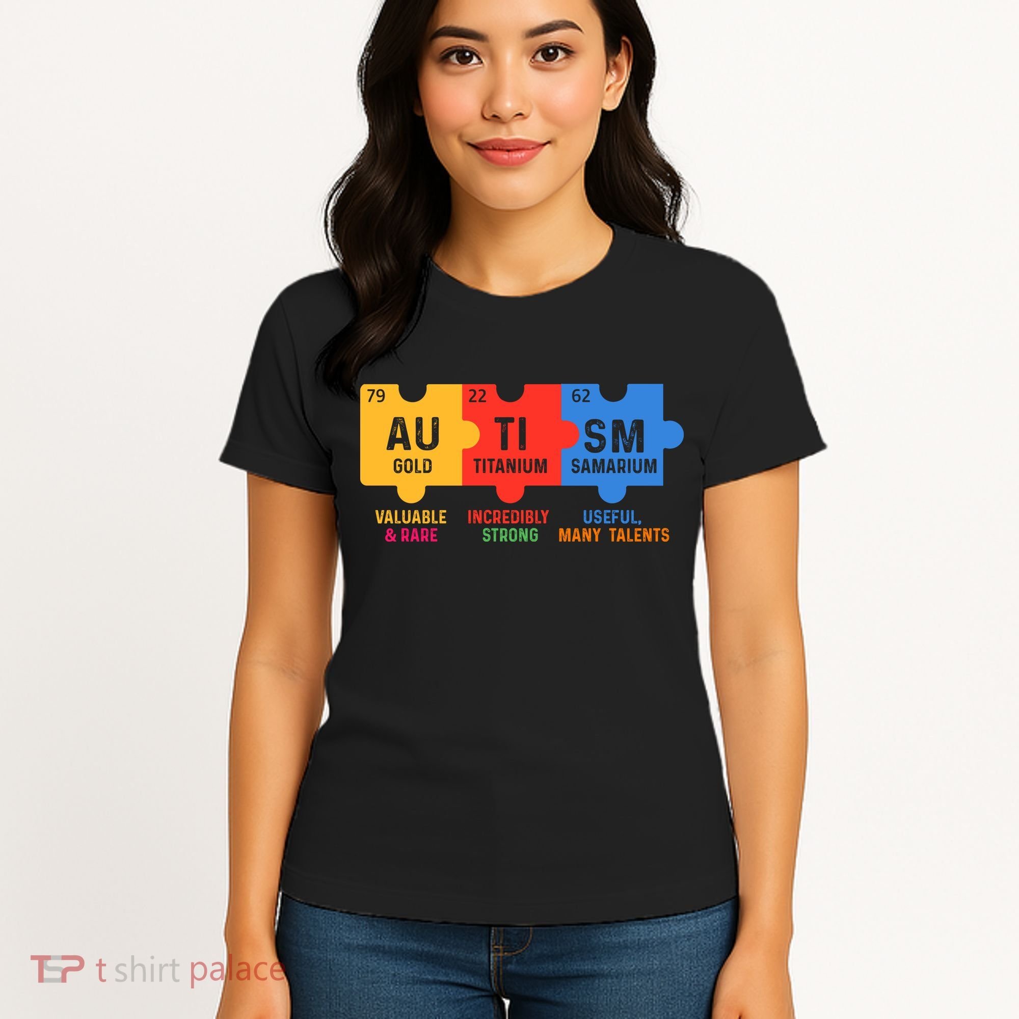 Autism Periodic Table Elements Gold Titanium Samarium Autism Awareness Women's T-Shirt