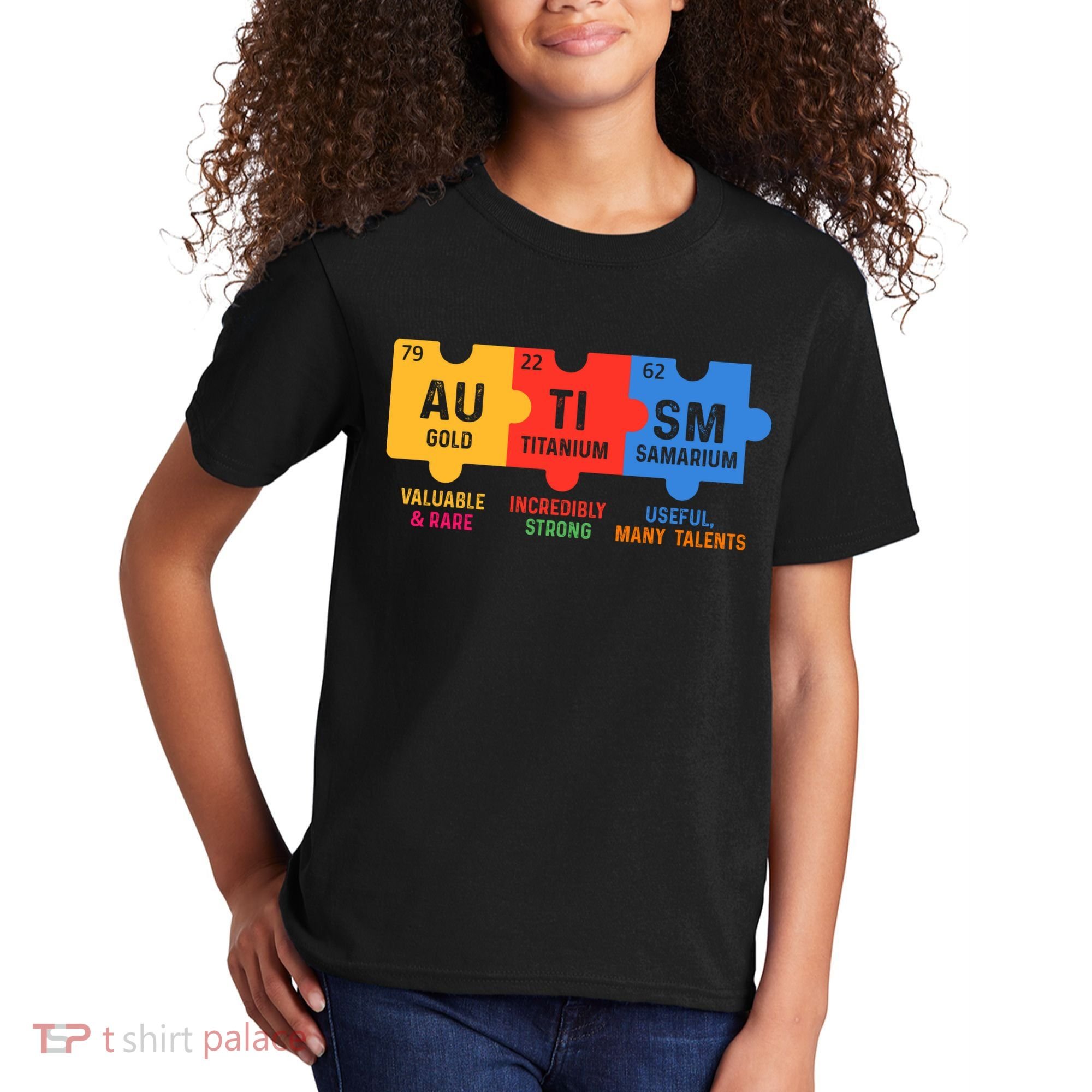 Autism Periodic Table Elements Gold Titanium Samarium Autism Awareness Kids T-Shirt