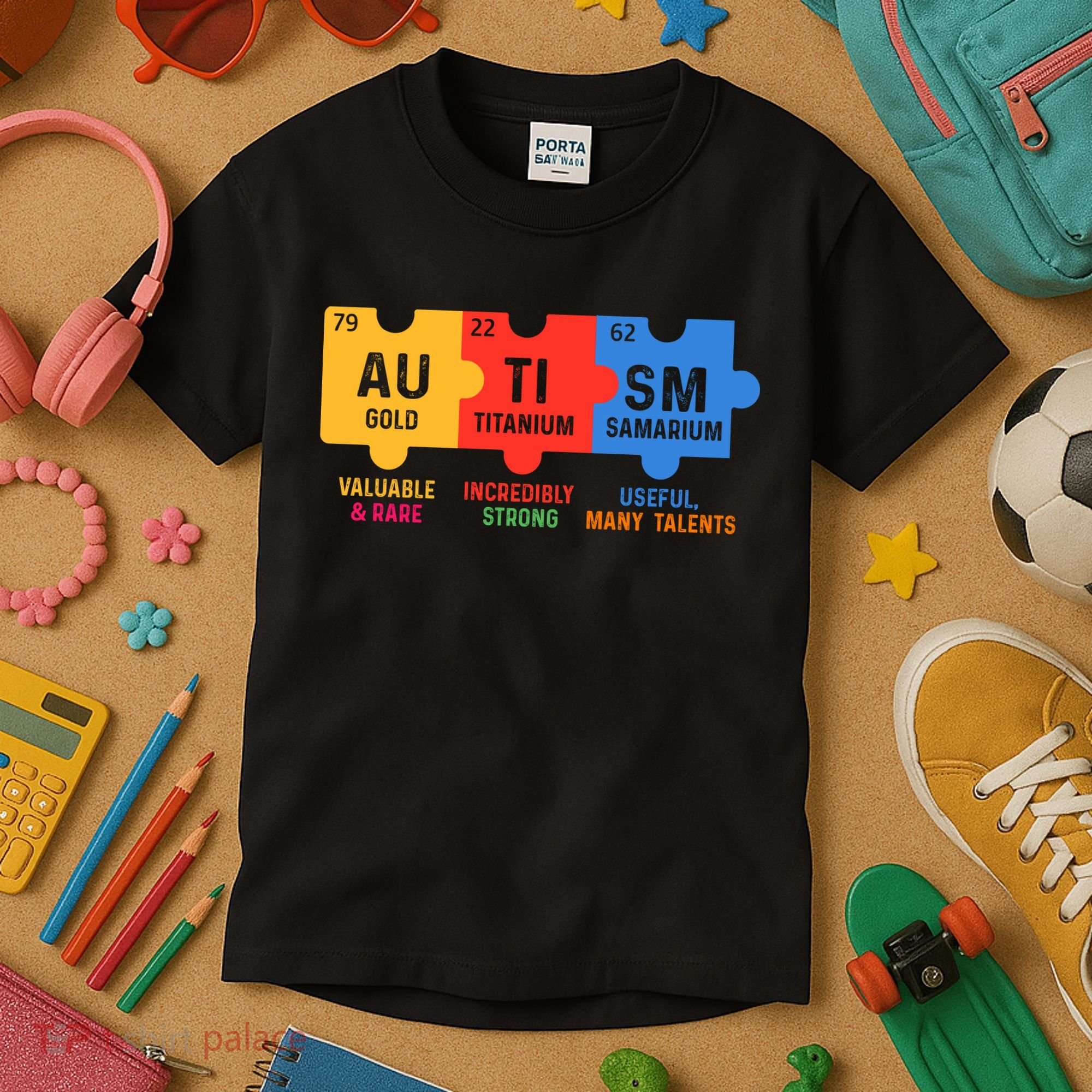 Autism Periodic Table Elements Gold Titanium Samarium Autism Awareness Kids T-Shirt