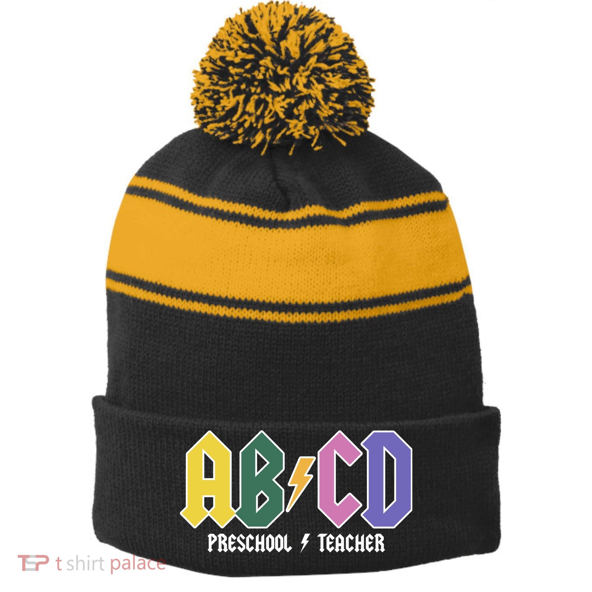 ABCD Preschool Teacher Rock And Roll Stripe Pom Pom Beanie