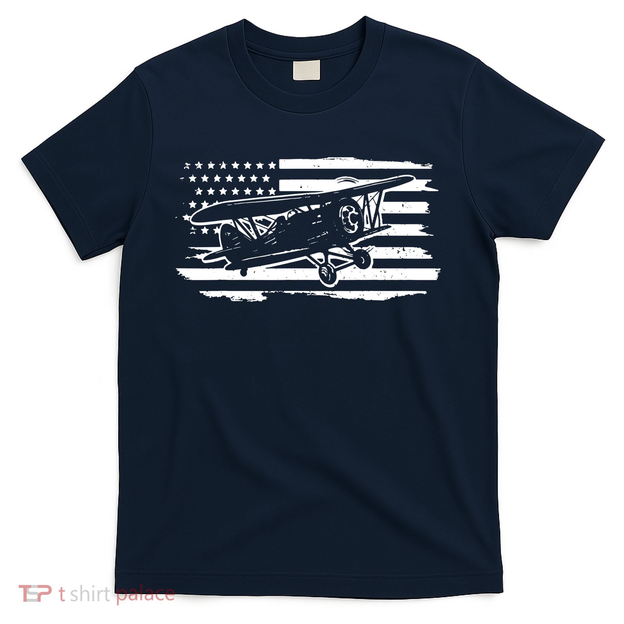 Airplane Pilot Vintage Patriotic Flag Biplane Plane Aviation T-Shirt