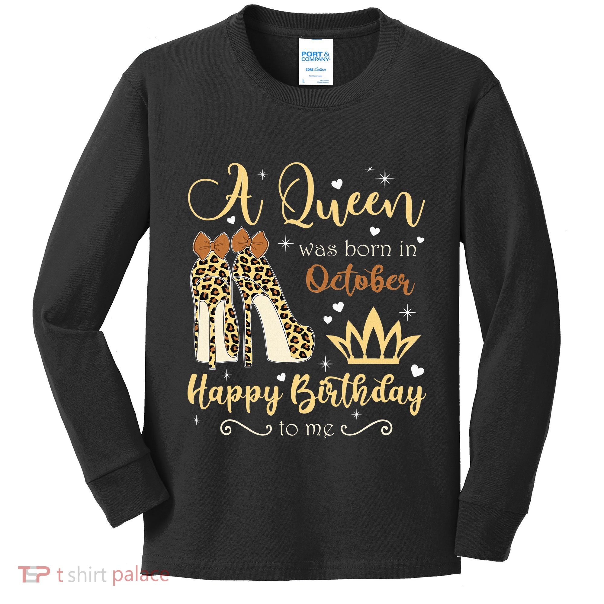 A Queen Was Born In October Birthday For Women Leopard Kids Long Sleeve Shirt