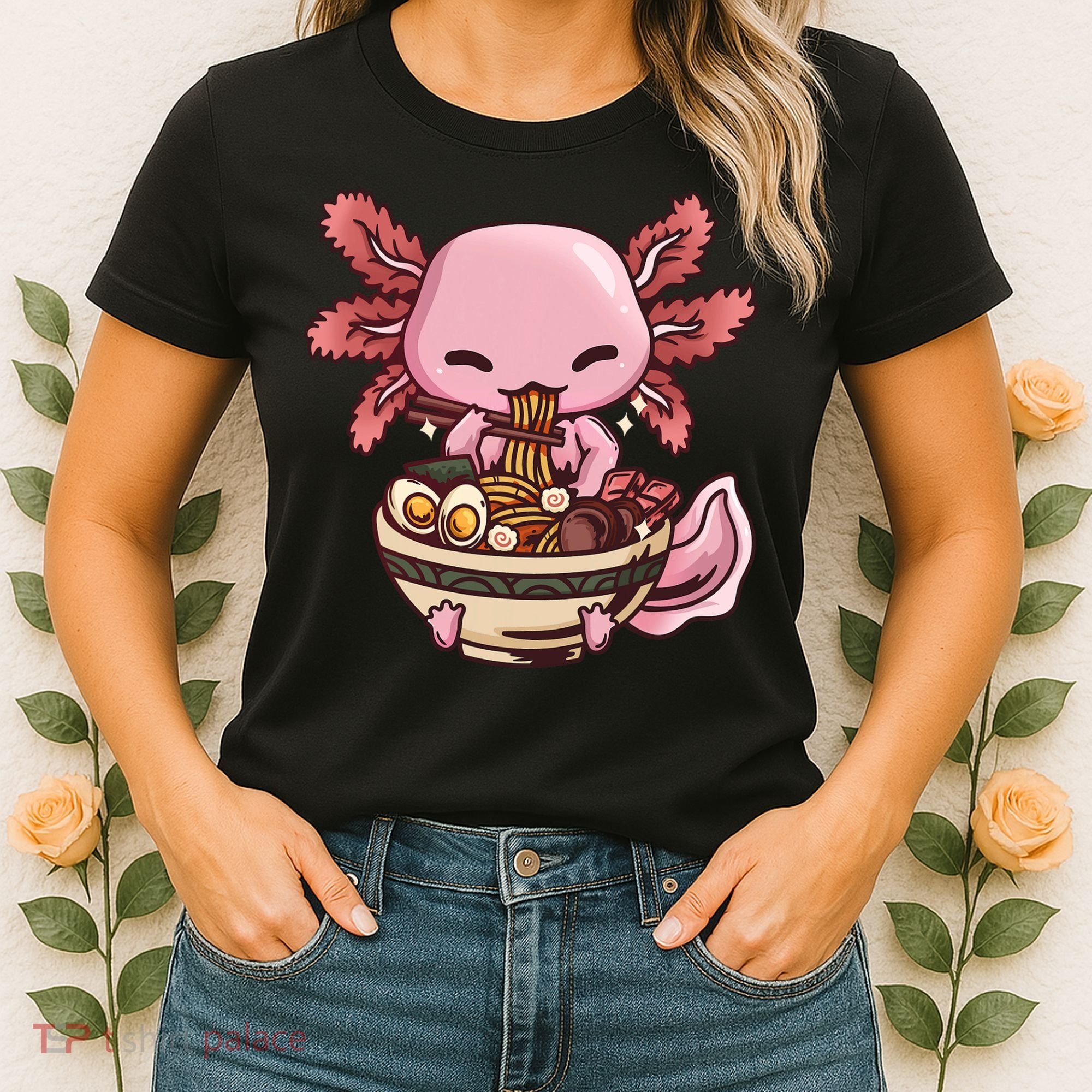 Axolotl Ramen Anime Kawaii Eating Teens Women's T-Shirt