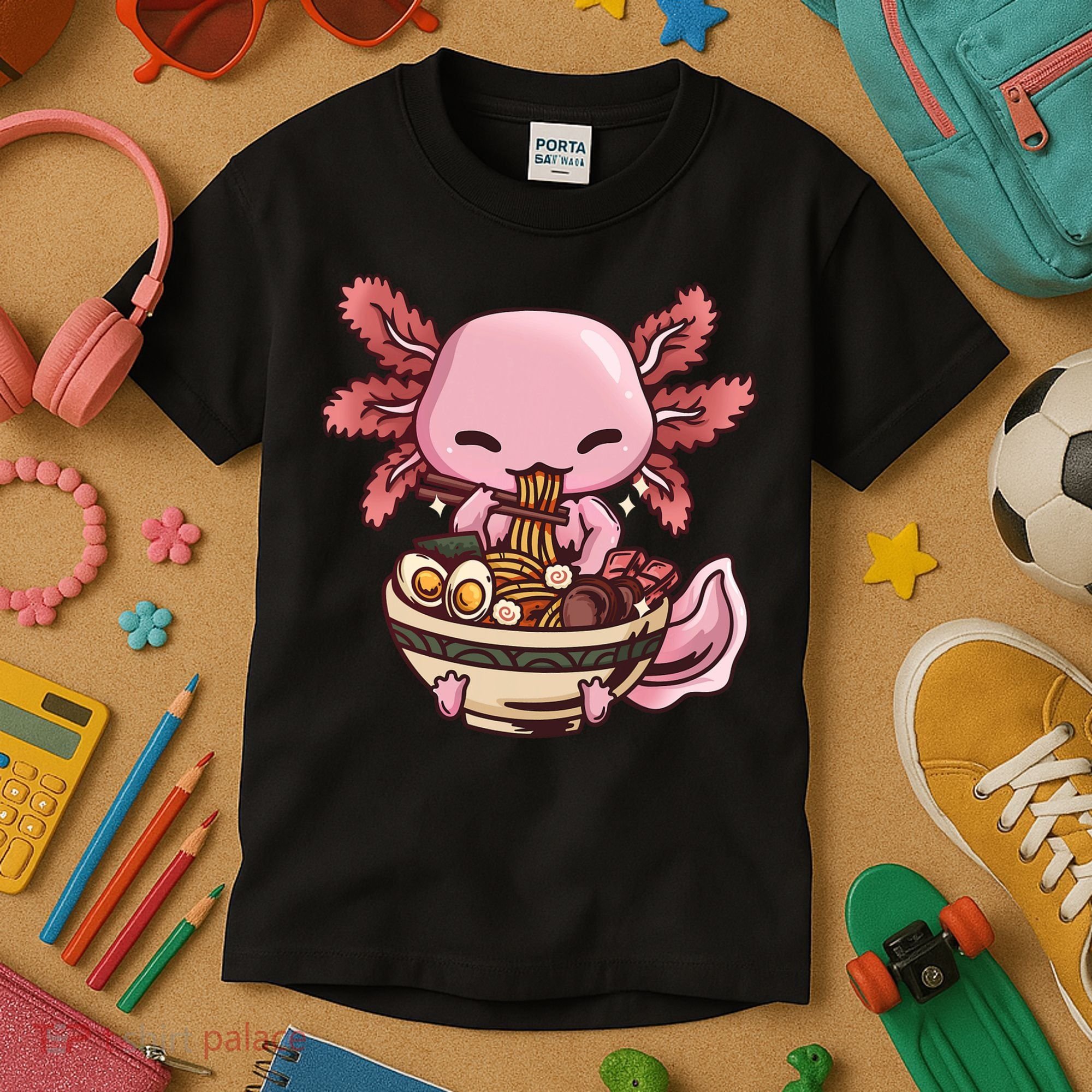 Axolotl Ramen Anime Kawaii Eating Teens Kids T-Shirt