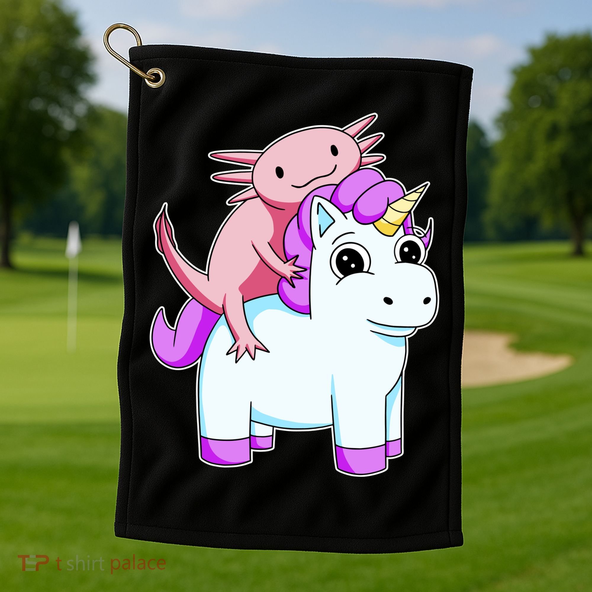 Axolotl Riding A Unicorn Funny Cute Golf Towel