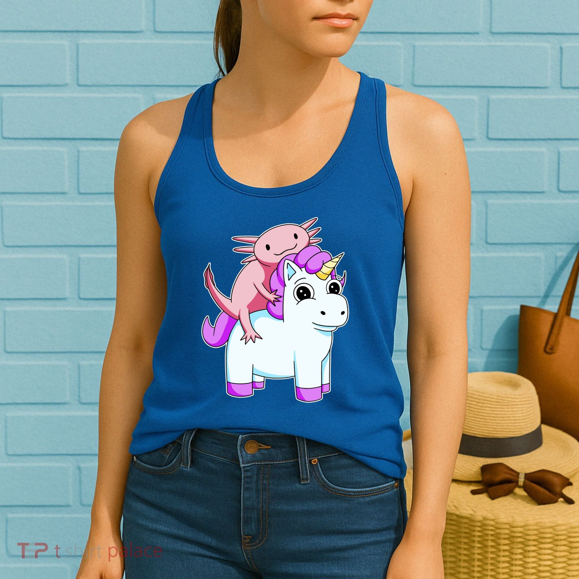 Axolotl Riding A Unicorn Funny Cute Women's Tank Top