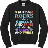 Autism Rocks And Rolls And Spins And Flaps And Twists Kids Sweatshirt thumb 0
