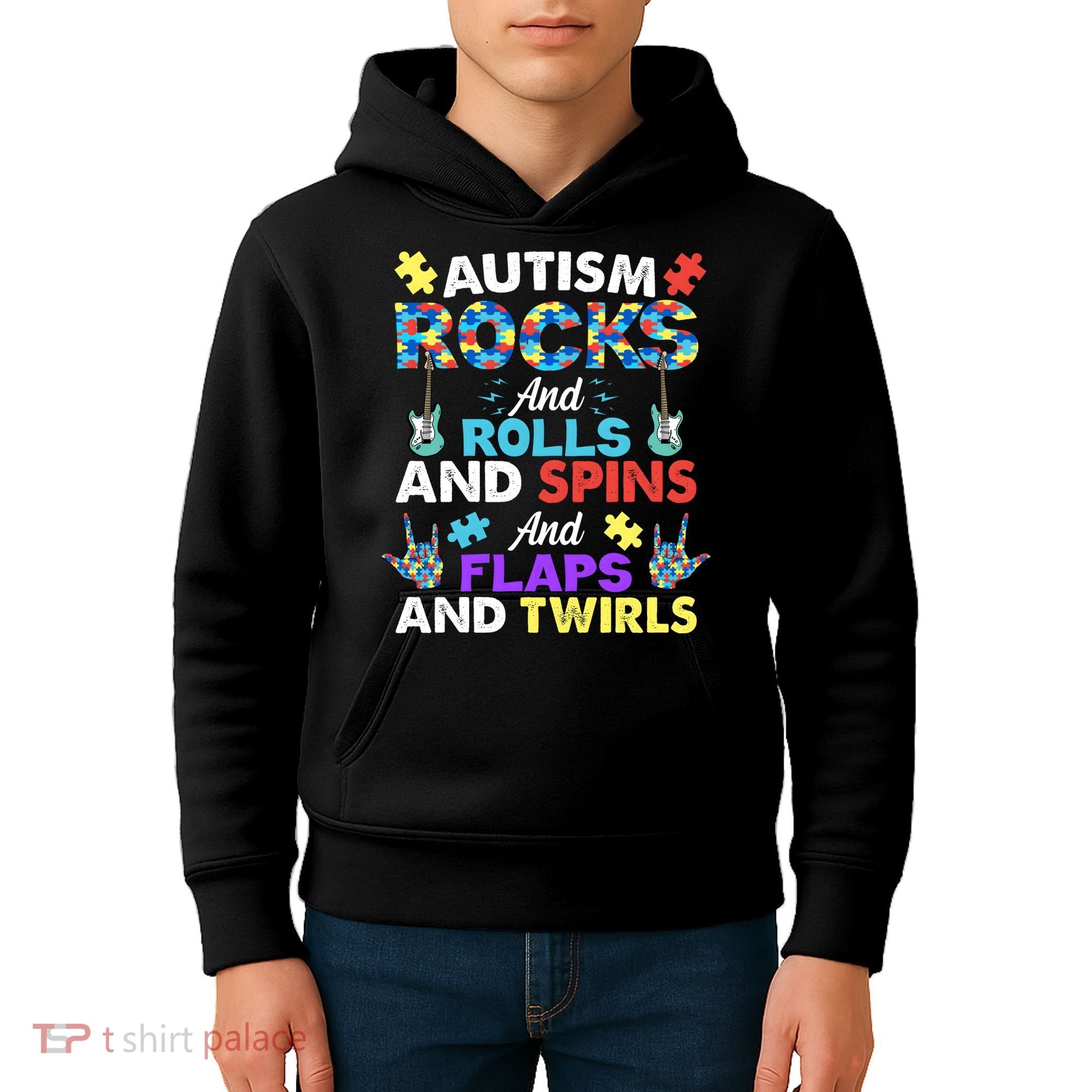 Autism Rocks And Rolls And Spins And Flaps And Twists Kids Hoodie