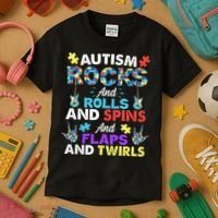 Autism Rocks And Rolls And Spins And Flaps And Twists Kids T-Shirt thumb 3