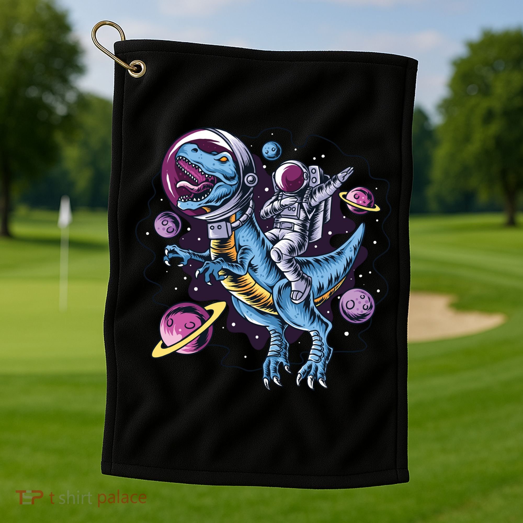 Astronaut Riding A Dinosaur In Space Golf Towel