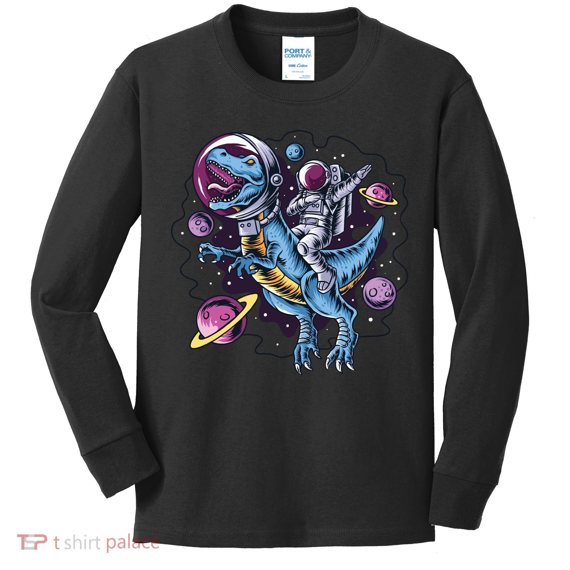 Astronaut Riding A Dinosaur In Space Kids Long Sleeve Shirt