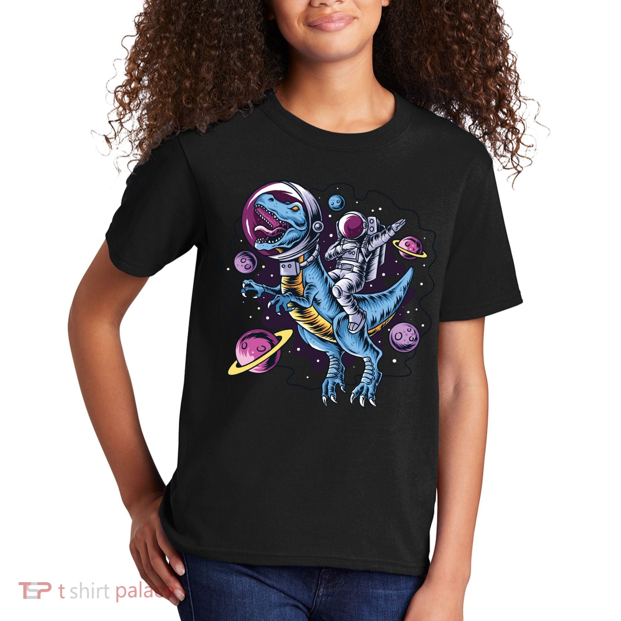 Astronaut Riding A Dinosaur In Space Kids T-Shirt