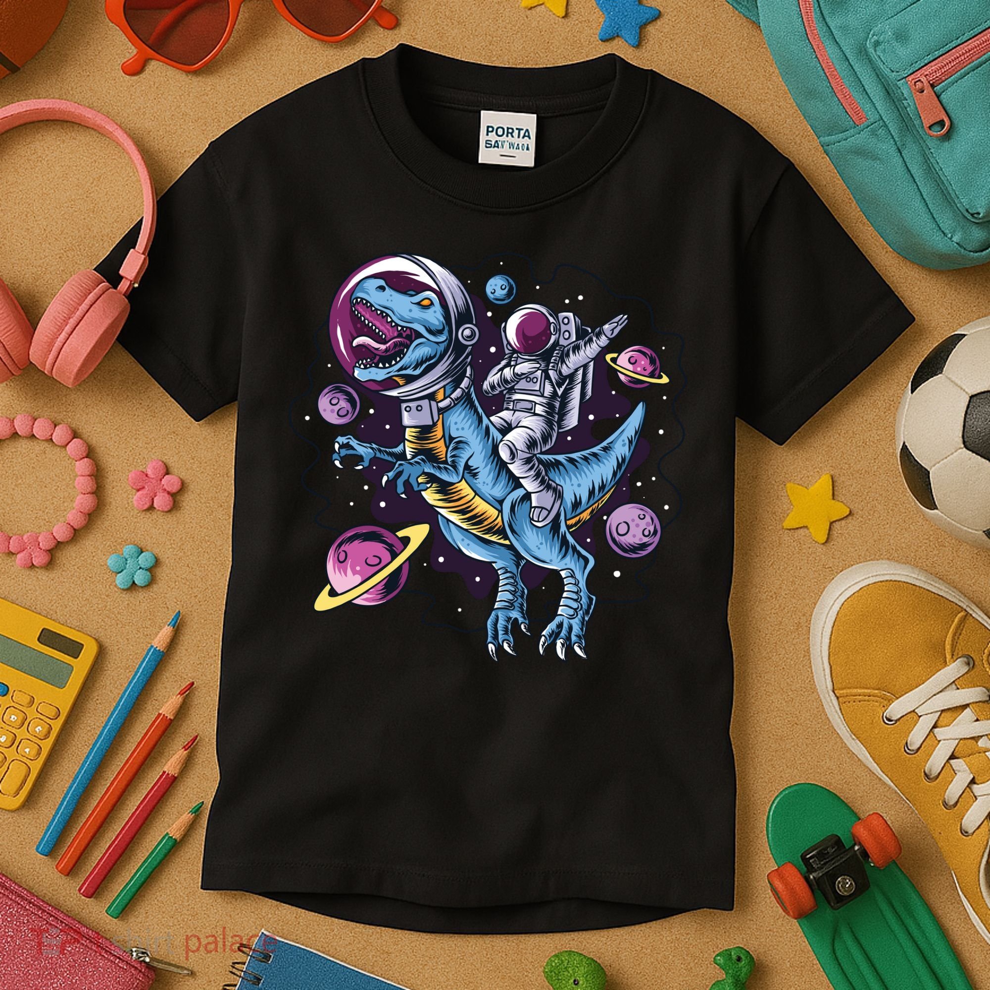 Astronaut Riding A Dinosaur In Space Kids T-Shirt