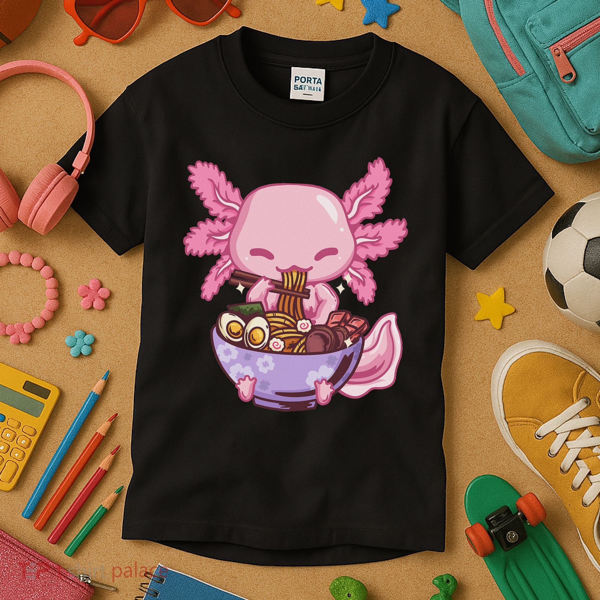 Axolotl Ramen Anime Kawaii Eating Kids T-Shirt