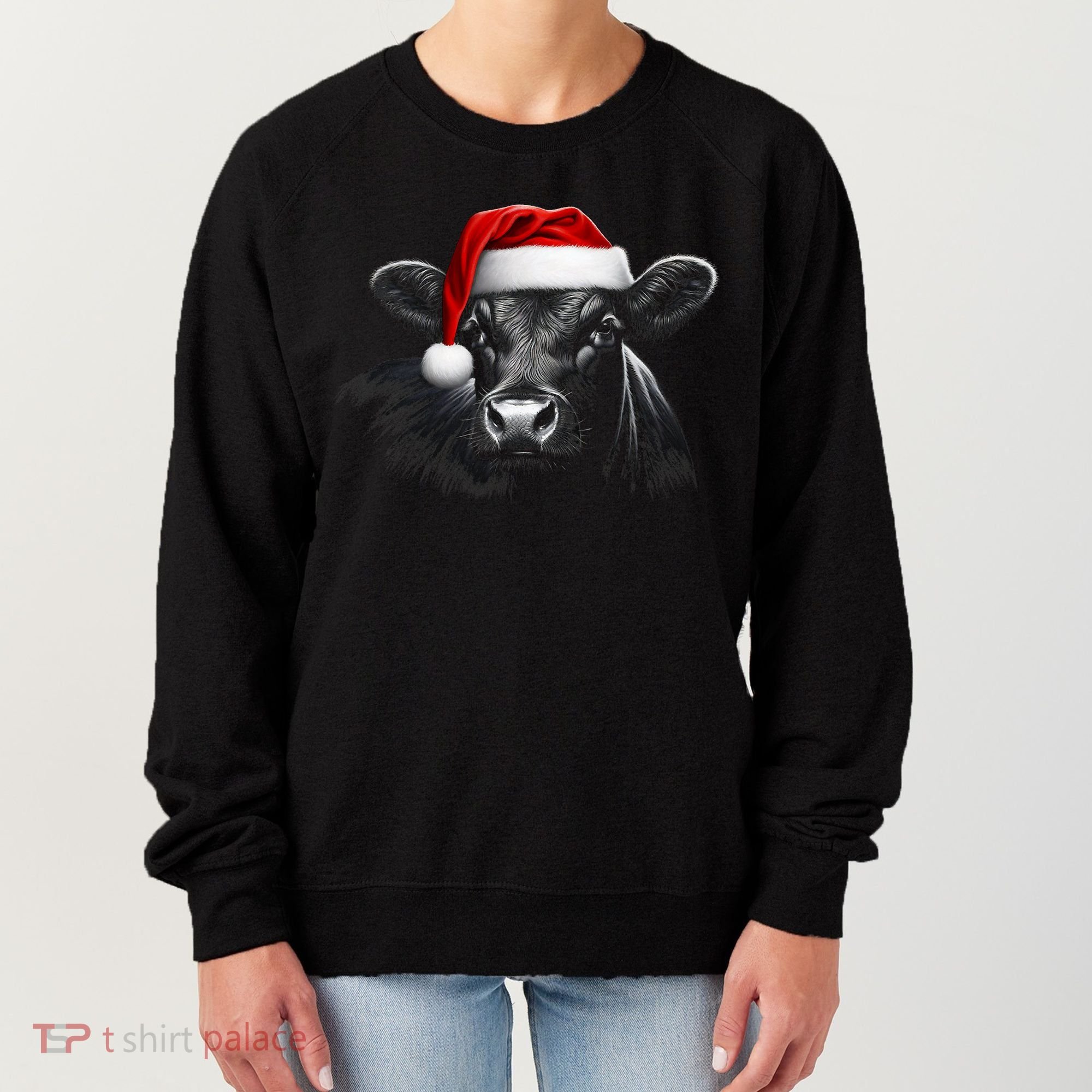 Angus Rancher Christmas Cow Santa Hat Black Women's Sweatshirt