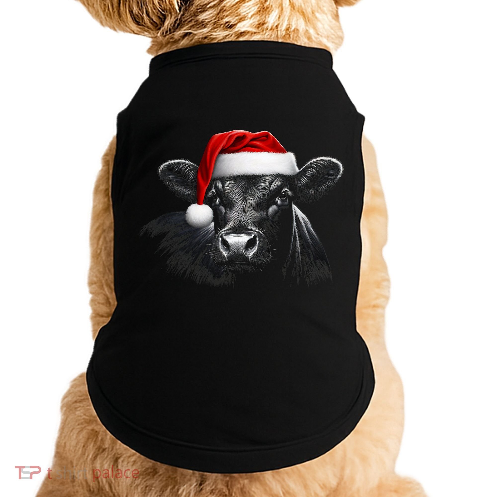 Angus Rancher Christmas Cow Santa Hat Black Doggie Tank