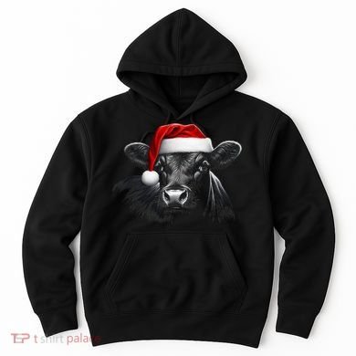 Angus Rancher Christmas Cow Santa Hat Black Hoodie