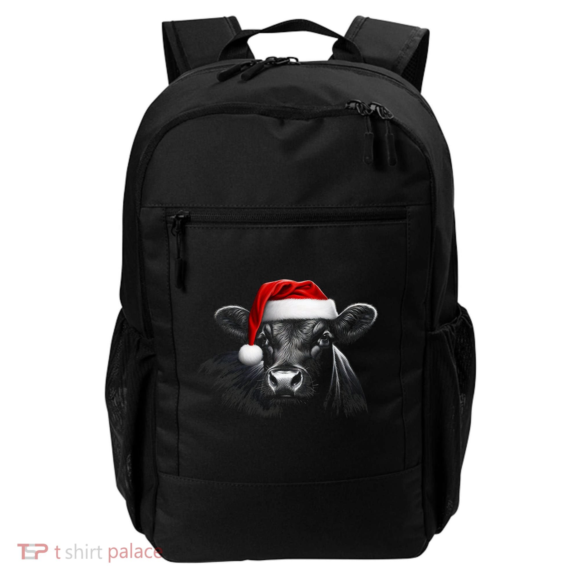 Angus Rancher Christmas Cow Santa Hat Black Backpack