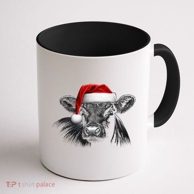 Angus Rancher Christmas Cow Santa Hat Black Coffee Mug back