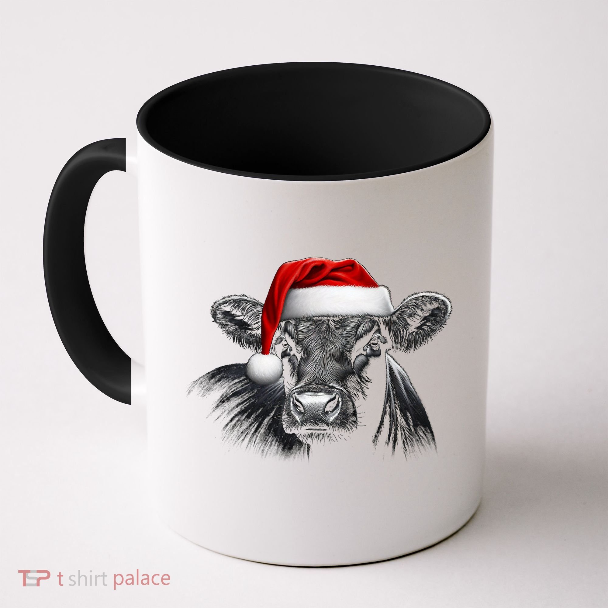 Angus Rancher Christmas Cow Santa Hat Black Coffee Mug