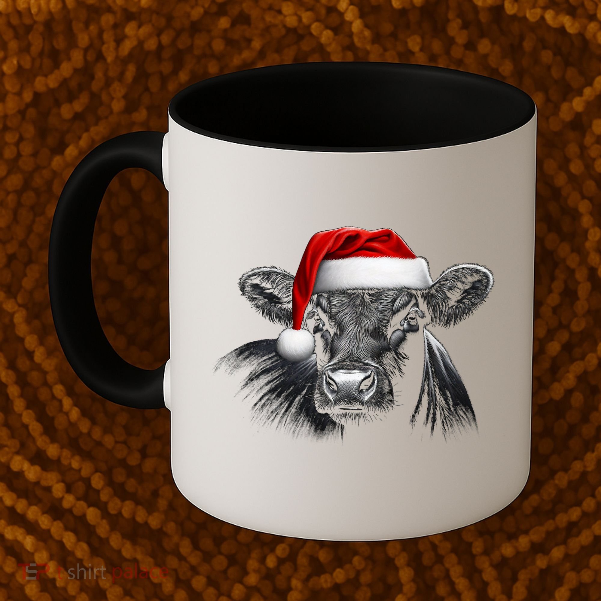 Angus Rancher Christmas Cow Santa Hat Black Coffee Mug