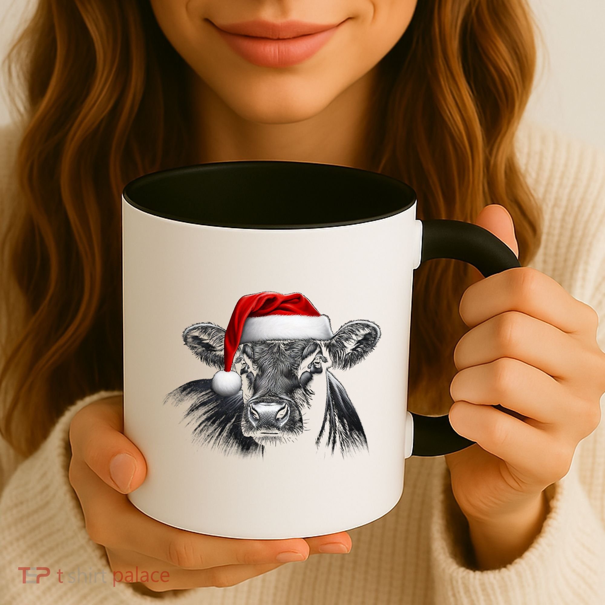 Angus Rancher Christmas Cow Santa Hat Black Coffee Mug