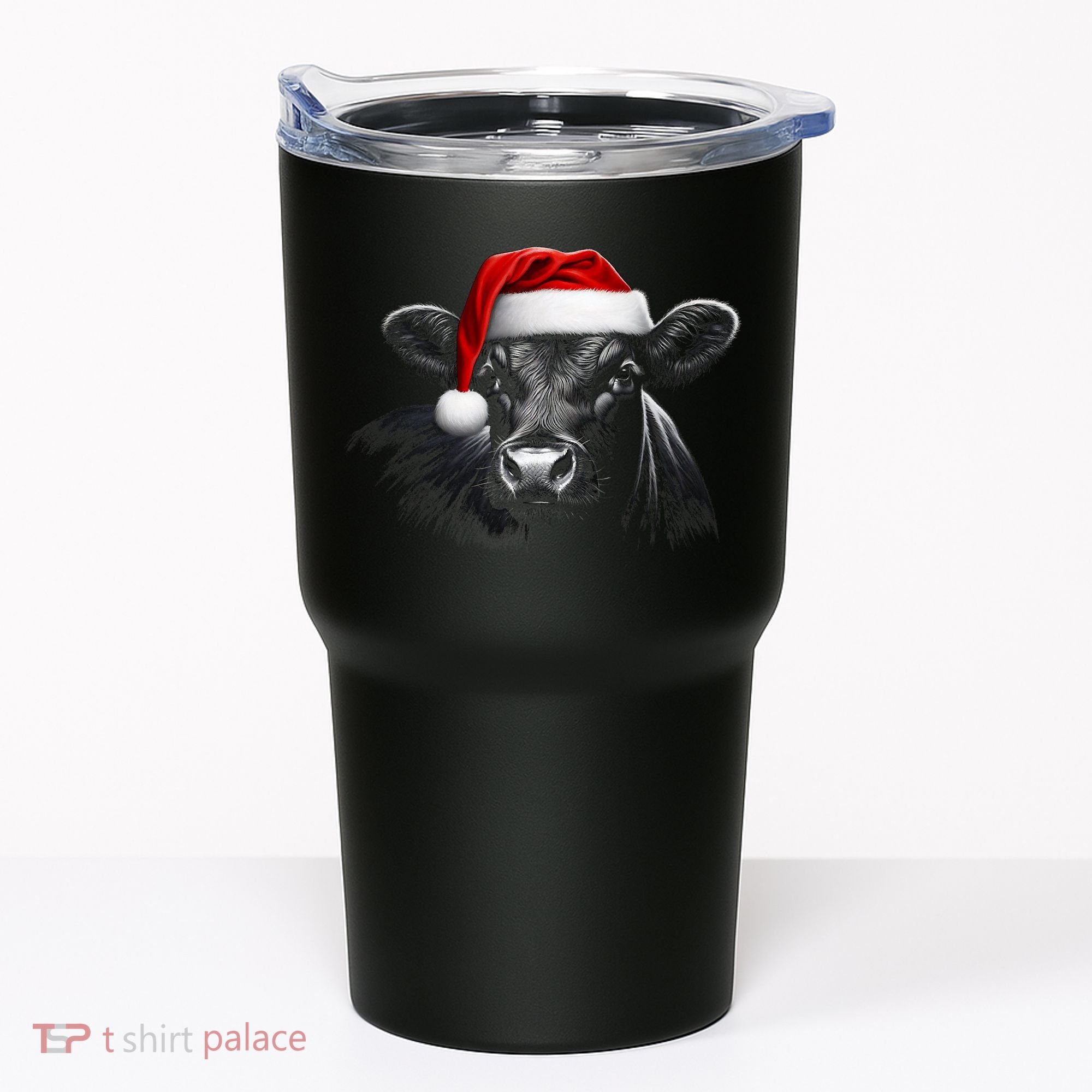 Angus Rancher Christmas Cow Santa Hat Black Tumbler