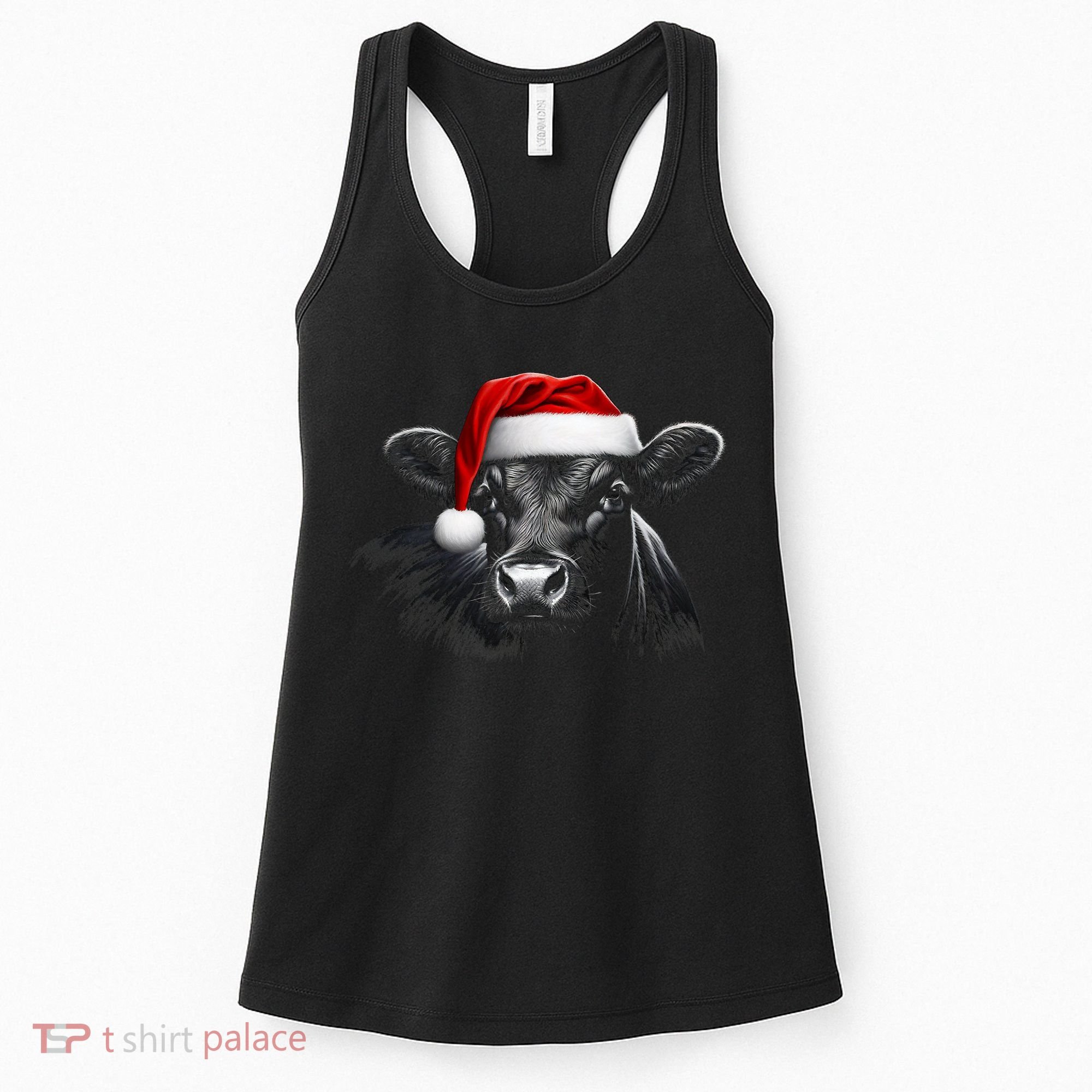 Angus Rancher Christmas Cow Santa Hat Black Women's Tank Top